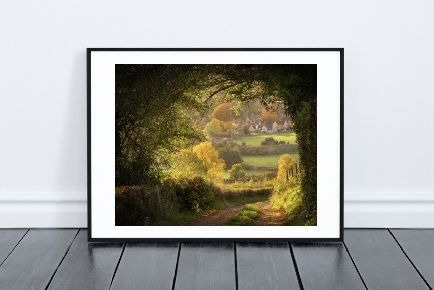 Framed art print in a modern living room setting